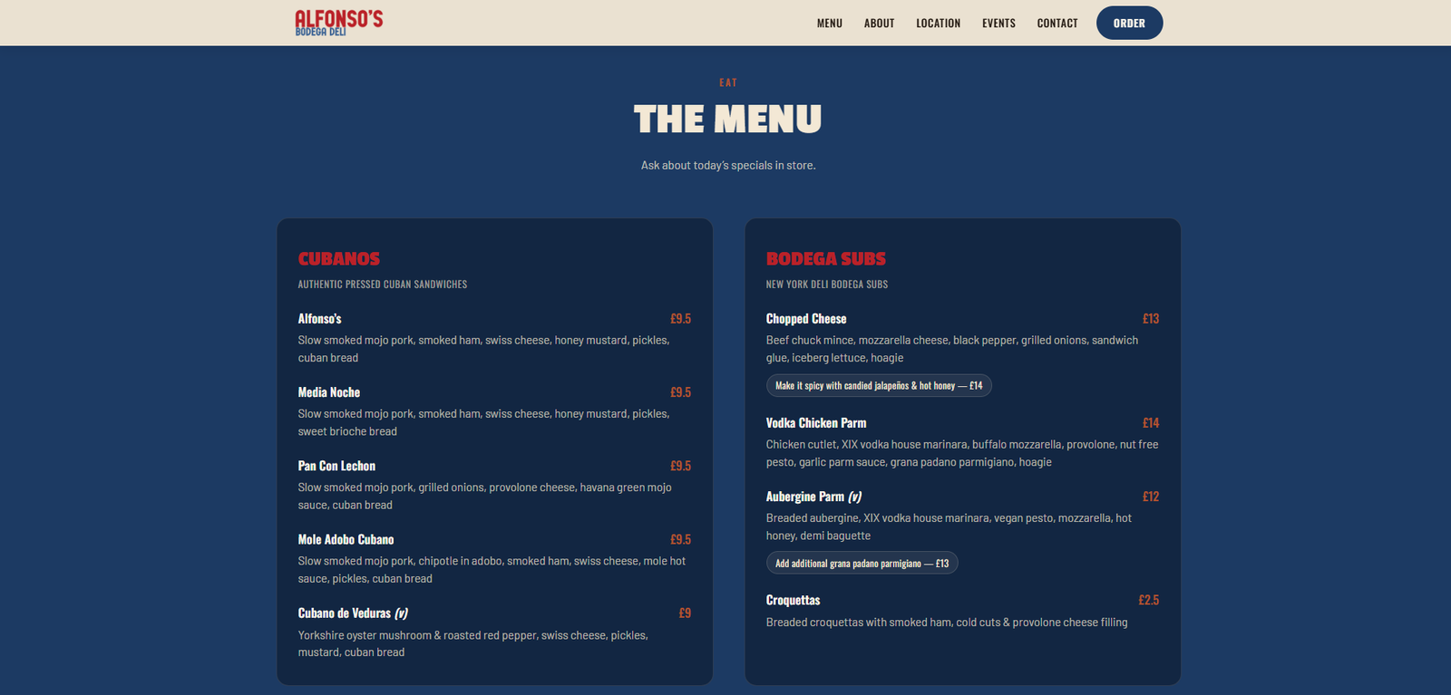 Alfonso's Bodega Deli menu page, showing cubanos and bodega subs with prices